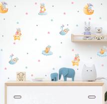Adesivo de Parede Ursinhos Miniaturas na Lua Nuvem Aquarela