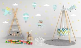 Adesivo De Parede Urso Aviador Com Aviões E Balões Grande