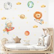 Adesivo de Parede Urso Leão Astronauta Foguete Planetas Lua Aquarela Boho