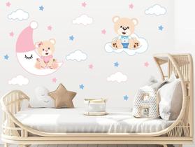 Adesivo de Parede Ursos Gêmeos na Lua e Nuvem Berço Bebê