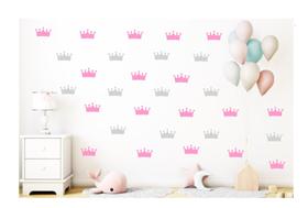 Adesivo decorativo coroa quarto criança coroinha 30 unidades 5,8cm x 4,4cm cinza claro e rosa claro