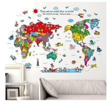 Adesivo Mapa Mundi De Parede Colorido Infantil C/ Bichinhos