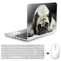 Adesivo Notebook 14" Pug Dog Teclado Mouse Branco