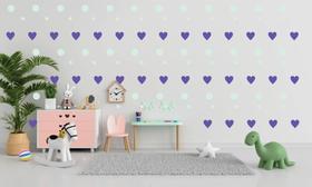 Adesivo parede decorativo 200 bolinhas 2cm e 4cm (verde menta) + 20 corações (lilas lavanda)