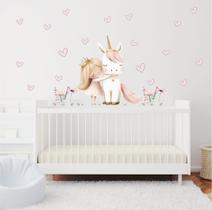 Adesivo Parede Infantil Menina e Unicórnio Corações Boho