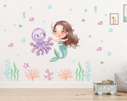 Adesivo Parede Infantil Sereia Polvo Fundo do mar Aquarela