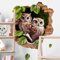 Adesivos de parede 3D de coruja com folhas verdes, efeito de parede quebrado