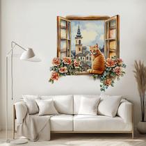 Adesivos de parede 3D Faux Window Cat and Flowers PVC 30x60cm