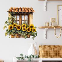 Adesivos de parede 3D Window Girassol em vaso de planta 40x40cm PVC