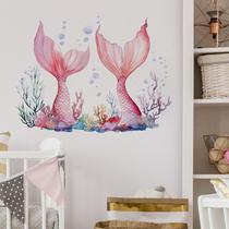 Adesivos de parede em aquarela Mermaid Tail com coral e bolhas