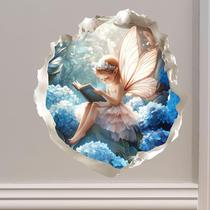 Adesivos de parede Fairy Reading Decalques de parede 3D com parede quebrada Adesivos de parede Fairy Reading Decalques de parede 3D com parede quebrada
