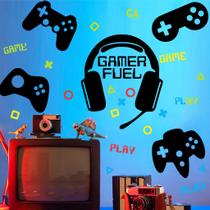Adesivos de parede Gamer Fuel Cartoon, fone de ouvido e controladores