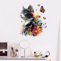 Adesivos de parede Gato colorido com flores e borboletas