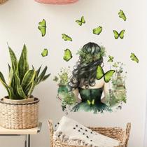 Adesivos de parede Green Butterfly Girl Silhouette com floral D