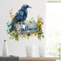 Adesivos de parede Halloween Raven com folhas verdes, placa de madeira
