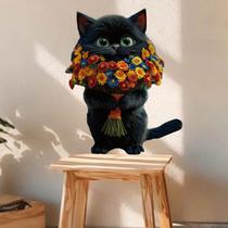 Adesivos de parede Lindo gato preto segurando um buquê de flores de margarida Adesivos de parede Lindo gato preto segurando um buquê de flores de margarida