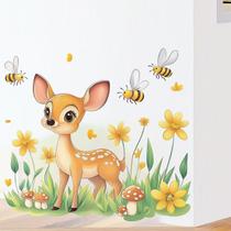 Adesivos de parede Lindos cervos de desenhos animados com abelhas e flores