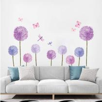 Adesivos de parede para dentes de leão roxos e flores e borboletas