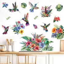 Adesivos de parede: plantas tropicais e flores coloridas de beija-flor