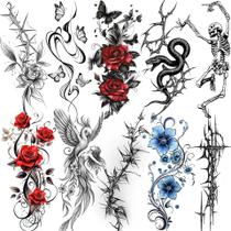 Adesivos de tatuagem temporária Flores com espinhos, conjunto com 10 folhas