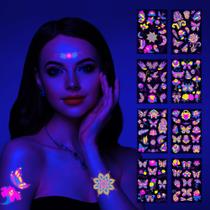 Adesivos de tatuagem temporária UV neon borboleta para rosto e braço, 8 peças
