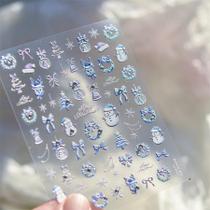 Adesivos De Unhas De Natal Rosa E Azul Com Boneco De Neve, Laço, Cervo E Diamantes De Cristal Para