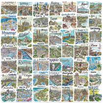Adesivos, mapas de viagem pintados à mão, vinil impermeável, 50 unidades