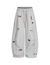 Aelfric Eden Calça Jogger Barril Larga com Bordado de Filhote, Casual Y2K, Cintura Elástica com Cordão Ajustável, Unissex, Perna Larga, Estilo Lanterna, Cinza, M