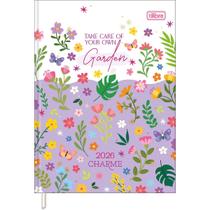 Agenda Costurada Diária 12,3 x 16,6 cm Charme 2026 - Flores fundo branco e roxo