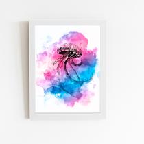 Água Viva Azul e Rosa Aquarela Quadro Moldura Branca 60x40cm Água Viva Azul e Rosa Aquarela Quadro Moldura Branca 60x40cm