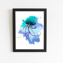 Água Viva Azul e Roxo Aquarela Quadro Moldura Preta 60x40cm