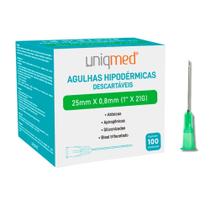 Agulha Estéril Verde Uniqmed Descartável 25x0,80mm 21g x 1 Caixa com 100 Unidades