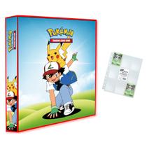 Álbum Pasta Fichário Pokemon com 10 Folhas Turma do Ash e Pikachu Capa Dura Reforçado Coleção Cards