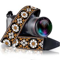 Alça de câmera Art Tribute Brown White Flowers Retro Vintage