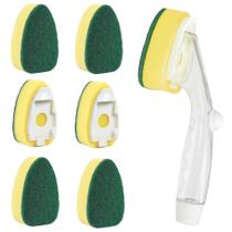 Alça de controle de sabão, recargas de louça, 6 cabeças de esponja, substituição de recarga de varinha de louça, escova dispensadora de lava-louças pesada que não arranha, dispensador de lavar louça, pia, almofadas de lava-louças, ferramenta de limpeza