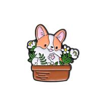 Alfinetes de broche fofos para cães Corgi com esmalte de design de vaso de flores