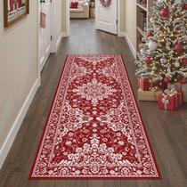 Alfombra Corredora WondRg Navidad Roja Floral Lavable 2x6 pies