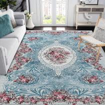 Alfombra de Área Fácil de Cuidar 152x213 cm Floral Lavable en Teal y Rojo