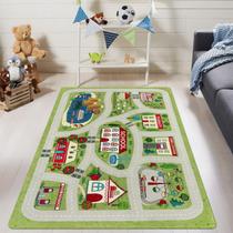 Alfombra LIVEBOX para Habitación Infantil Verde 90x150cm Lavable Alfombra de Juego con Carreteras