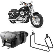 Alforge Mala Bolsa Em Couro 48 Litros Par + Afastador Suporte Moto Harley XL 1200 Sportster