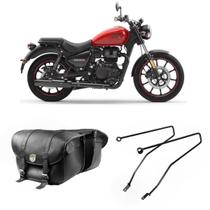 Alforge Mala Bolsa Em Couro 48 Litros Par + Afastador Suporte Moto Royal Enfield Meteor 350