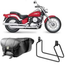 Alforge Mala Bolsa Em Couro 48 Litros Par + Afastador Suporte Moto Yamaha XVS 650 Drag Star