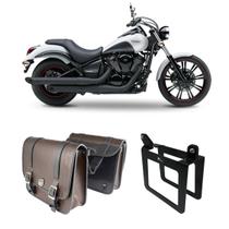 Alforge Mala Bolsa Pasta Lateral Marrom 20 Litros Par + Afastador Suporte Moto Kawasaki Vulcan 900