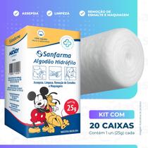 Algodão Hidrófilo Sanfarma Disney Mickey Rolo 25g 20 Caixas Algodão Hidrófilo Sanfarma Disney Mickey Rolo 25g 20 Caixas