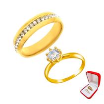 Aliança 6mm Dourada Pedras Brancas Zirconia Noivado + Solitario 2mm Anel Pedra Branca Zirconia Cônju