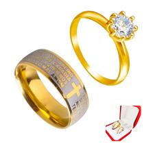 Aliança 6mm Ouro 18k Oracao Reza Pai Nosso + Anel Solitário 2mm Zirconia Branca