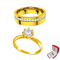Aliança 6mm Ouro 18k Pedra Branca Casamento + Anel 2mm Solitario Dourado Tradicional
