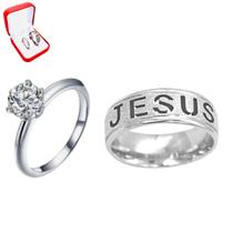 Aliança 6mm Prata Brilhante Jesus Anatomica + Solitario Prata 2mm Pedra Zirconia Branca Tungstenio