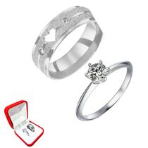 Aliança 6mm Prata Coração Brilhos Risco Pedra Zirconia + Solitario Prata 2mm Pedra Branca Compromiss