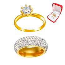 Aliança 8mm Ouro 18k Pedras Zirconia Brancas Noivado + Solitario Dourado 2mm Pedra Branca Casal